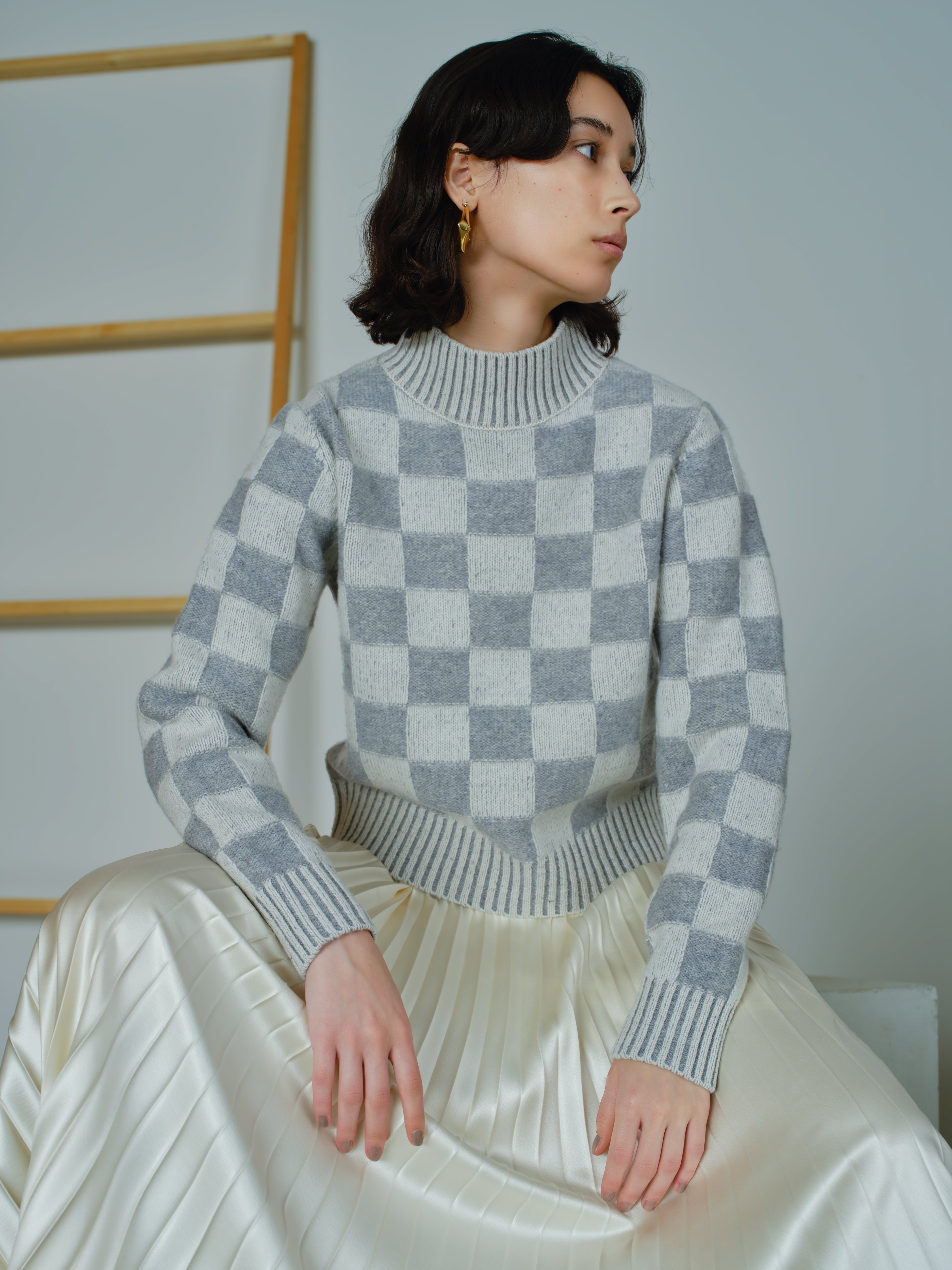 Checkered Mock Neck PO<BR>あごにかからない長さのモックネックニット