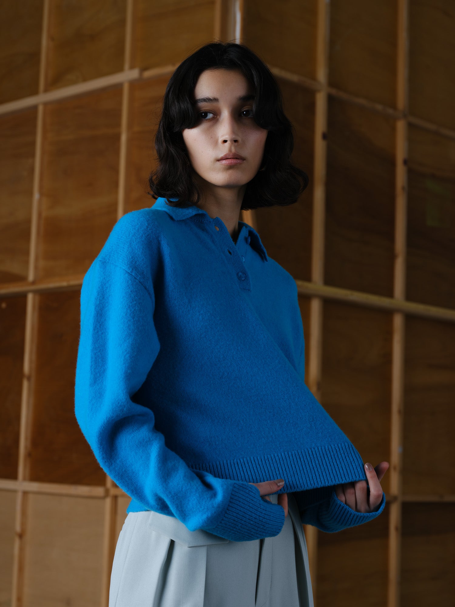 Brushed Polo Sweater<BR>起毛加工による柔らかな着心地