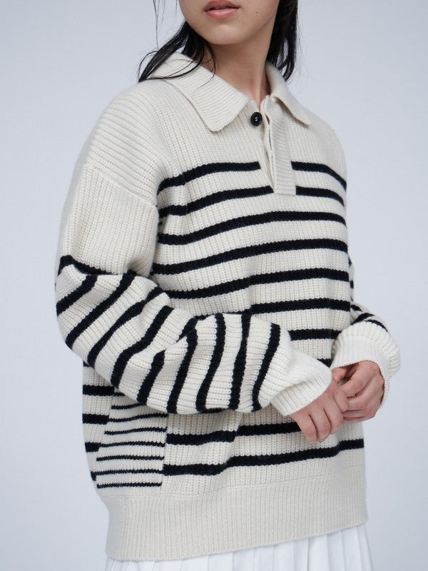 Striped Polo Sweater<BR>異なるボーダーピッチがアクセントに